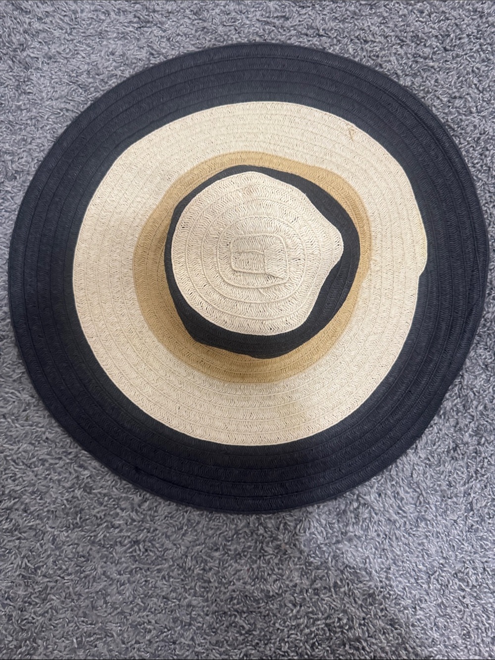 Striped Wide Brim Straw Sun Hat - Black & Natural